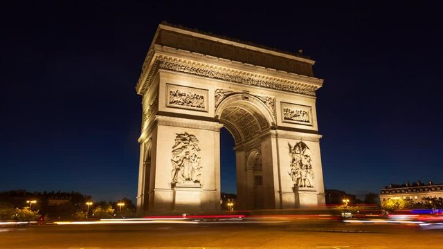 4K UHD night timelapse of the Triumphal Arch - Arc De Triomphe in Paris France