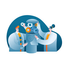 Characters in lab coats develop artificial intelligence. A conceptual illustration on the topic of artificial intelligence.