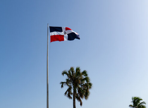 The Dominican flags waving with two palms tree and a blue sky in the background