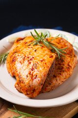 Food concept organic spicy marinated Duck breasts on wooden board with copy space