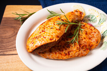 Food concept organic spicy marinated Duck breasts on wooden board with copy space