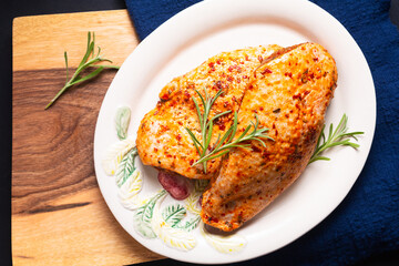 Food concept organic spicy marinated Duck breasts on wooden board with copy space