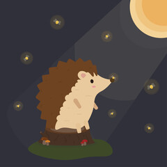 Hedgehog on a stump with the moon and fireflies