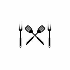 Crossed Barbecue Spatula and Fork, Simple Silhouette BBQ Tools Logo Vector Illustration