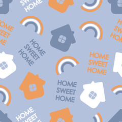 Seamless pattern with houses and raibows in a blue background