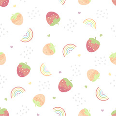 Summer seamless pattern with strawberries and rainbows