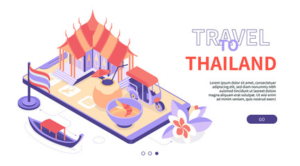 Travel to Thailand - modern colorful isometric web banner