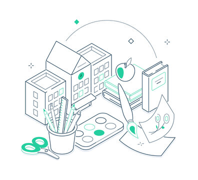 school supplies isometric green and white
