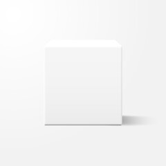 Realistic white cube box with shadow. Mockup template design for presentation, advertising. Blank cardboard package. Square box. Front view. Retail product package. Vector illustration