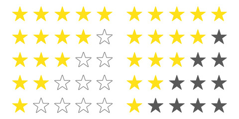 Fototapeta premium Five stars customer product rating set. Rate status level. Different ranks from one to five stars. Golden and gray stars in outline and fill selections. Template design for web or mobile app. Vector