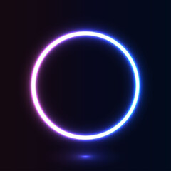 Neon glow circle on dark background. Geometric shape with copy space for banner, poster, advertising. Purple and blue bright glowing neon lights. Futuristic graphic element. Vector illustration