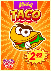 Monster menu with Mexican tacos. Vertical banner with price tag for Fast food cafe for Halloween day. Vector illustration.