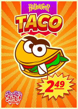 Monster menu with Mexican tacos. Vertical banner with price tag for Fast food cafe for Halloween day. Vector illustration.