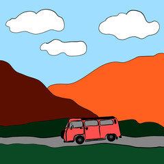 Fototapeta na wymiar travel, trips, road, sky, clouds, mountains,meadows, transport, passenger car, bus