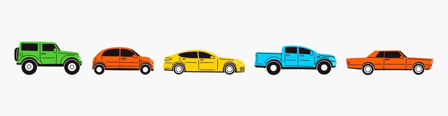 Various Cars or vehicles. Different types of cars: sedan, SUV, pickup, coupe, hatchback, retro car. Automobile, motor transport concept. Hand drawn trendy Vector illustration. Every car is isolated