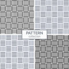 Set of four vector seamless patterns with intertwined stripes, squares. Modern stylish textures. Regularly repeating striped squares. Geometric lattice. Simple color graphic prints.