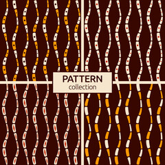 Set of four abstract seamless patterns. Organic shapes. Regularly repeating structures of natural forms. Stylish textures. Smooth shapes. Vector brown, yellow and beige color backgrounds.