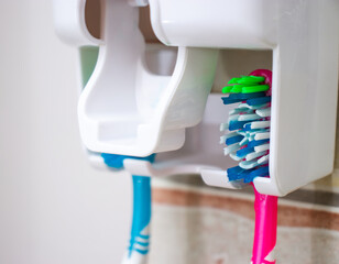 A toothbrush in a brush holder on the wall in a close-up on a light background