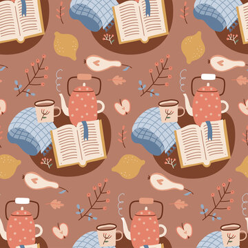 Seamless Autumn hygge pattern with book, teapot, leaves, cookies and open book on brown background. Flat hand drawn vector illustration.