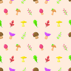 Seamless Pattern Abstract Elements Mushrooms Leaves Leaf Forest Vector Design Style Background Illustration Texture For Prints Textiles, Clothing, Gift Wrap, Wallpaper, Pastel