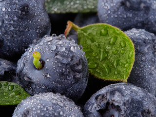 Water drops on ripe sweet blueberry. Fresh blueberries background with copy space for your text. Vegan and vegetarian concept. Macro texture of blueberry berries.Texture blueberry berries close up