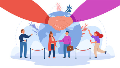 Fototapeta premium Tiny cartoon man and woman shaking hands. Flat vector illustration. Representatives of embassies meeting to find solution to international economic crisis. Diplomacy, democracy, peace concept
