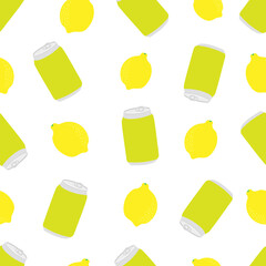 Lemon and soda can citrus juicy seamless pattern. Orange sweet yellow jar pattern. Bright fruit texture for printing on fabric and packaging paper on a white background.