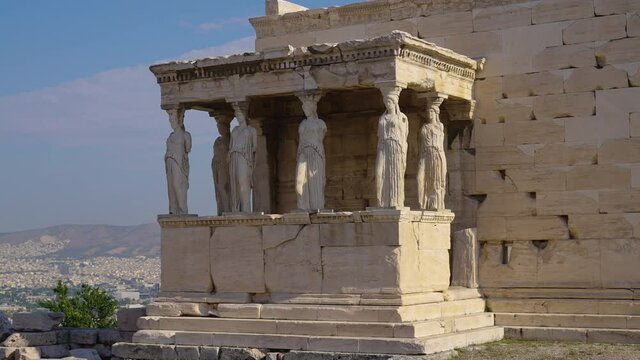 Parallax motion of the front porch of the Caryatids at the Erechtheion Temple on the Acropolis, Athens, Greece