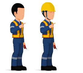 set of worker is pointing to something on white background