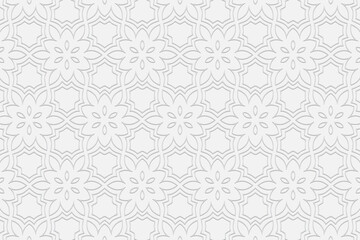 Fototapeta premium 3d volumetric convex embossed geometric white background. Ethnic oriental, asian, indian pattern with handmade elements. Doodling style ornament.
