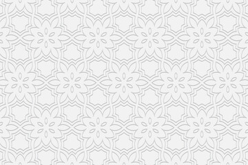 3d volumetric convex embossed geometric white background. Ethnic oriental, asian, indian pattern with handmade elements. Doodling style ornament.