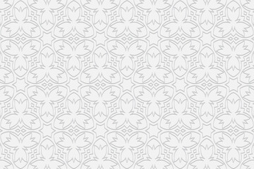 3d volumetric convex embossed geometric white background. Ethnic oriental, asian, indian pattern with handmade elements. Unique original doodling style ornament.