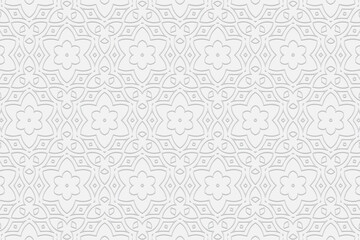 3d volumetric convex embossed geometric white background. Ethnic oriental, asian, indian pattern with handmade elements.Unique flower ornament in doodling style.