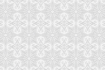 3d volumetric convex embossed geometric white background. Ethnic oriental, asian, indian pattern with handmade elements. Beautiful flower ornament in doodling style.
