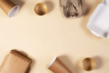Eco-friendly paper tableware. Dishes, paper cups, fast food containers and cutlery. Recycling or environmentally friendly concept. Zero waste concept
