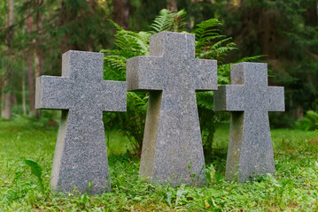 Three stone crosses in a cemetery in the forest.