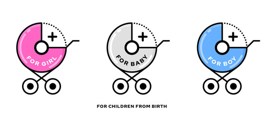Conceptual stamps for baby products. A symbol indicating that the product is suitable for newborns and safe for children from birth. For girls and boys from 0 months. Stroller and zero plus. Vector