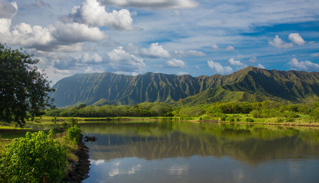The Waiahole Forest Preserve and the Koʻolau mountan Range, north shore of island of Oahu, Hawaii.
