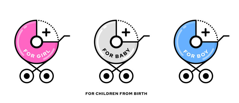 Conceptual stamps for baby products. A symbol indicating that the product is suitable for newborns and safe for children from birth. For girls and boys from 0 months. Stroller and zero plus. Vector