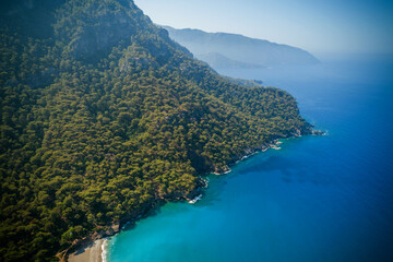 Drone view of Kabak Valley in Fethiye, Turkey. A hidden gem along the Turkish Riviera, Mediterranean Sea.