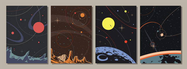 Old Space Illustrations Style, Alien Planets, Stars and Satellites