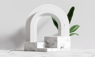 White marble product display podium with nature leaves background. 3D rendering	
