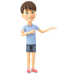 Cheerful cartoon character boy in a blue shirt points to an empty palm on a white background. 3d render illustration.