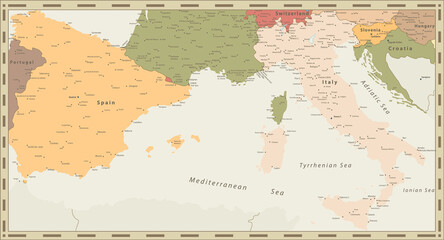 Spain and Italy Map Retro Colors
