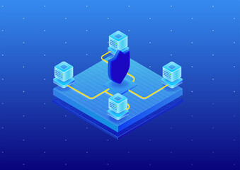 Data center security concept. Isometric 3D vector illustration of a cloud server farm which is secured by IT security.
