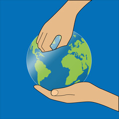 Zwei Hände halten einen Globus, wovon eine in ihn hinein fasst