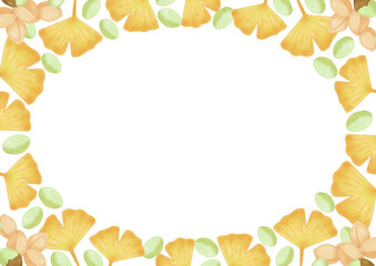 手描き　色鉛筆　銀杏とぎんなんのイラストフレームテンプレート