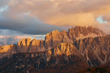 Panorama of autumn pomagagnon peaks at Cortina d'Ampezzo, Dolomites, Italy, Colorful beautiful rocks mountains.