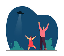 Girl and man rejoicing while seeing flying saucer. Flat vector illustration. Father and daughter running with arms high, looking at UFO flying in night sky. Space, aliens, family, mystery concept