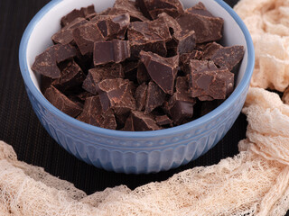 Broken organic homemade dark chocolate in a bowl